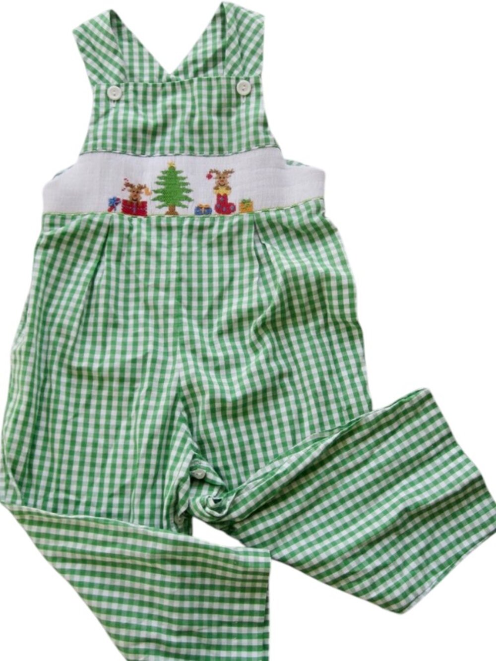 Vintage 90s Vive la Fete Smocked Green Gingham Romper Girls Size 4T CHRISTMAS